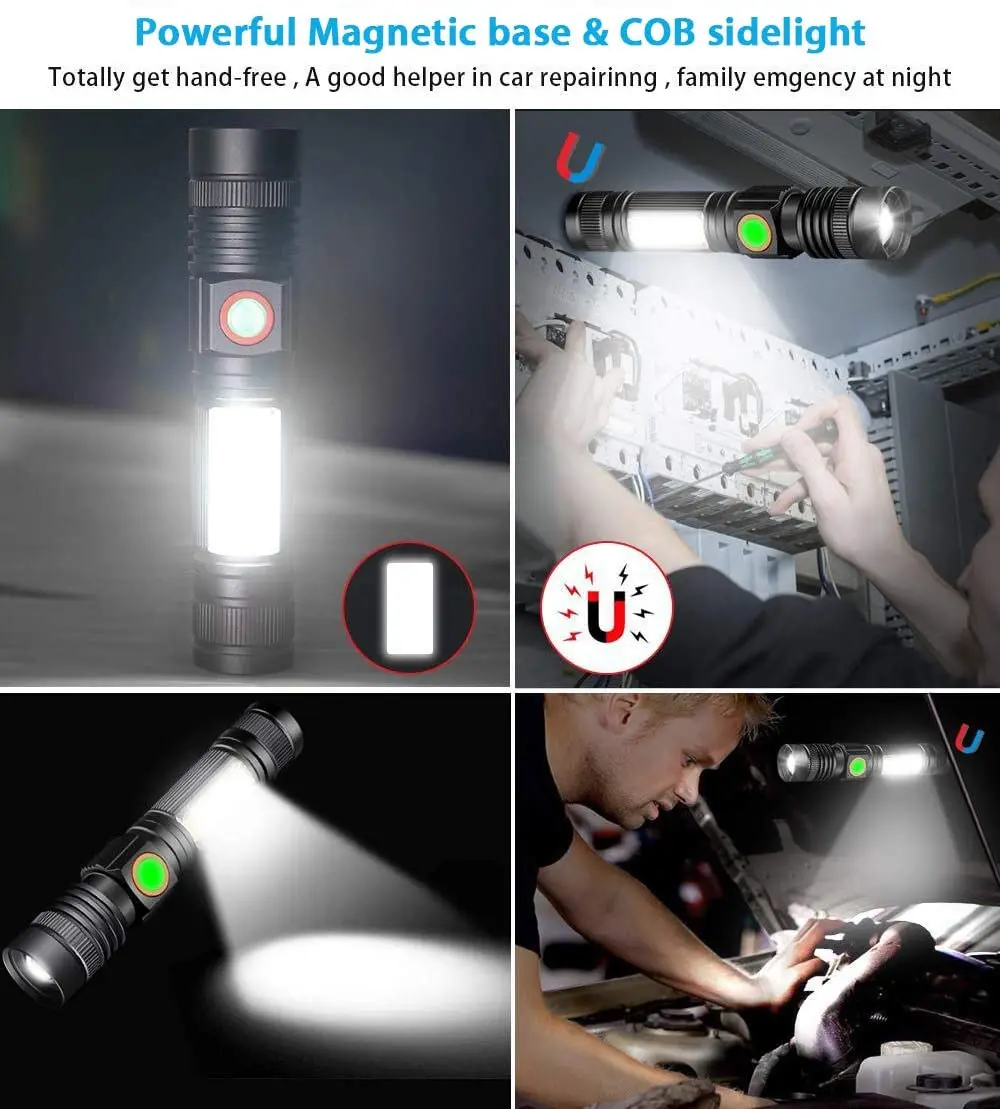 Pocketman LED נטענת פנס סופר מבריק מגנטי פנס עם קלח עובד אור עמיד למים לפיד פנס טקטי