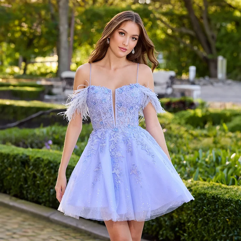 כחול תחרה, אפליקציות שמלות קוקטייל נוצה Off-the-כתף מיני שיבה הביתה שמלה שמלת מסיבת בנות Vestido De Noche