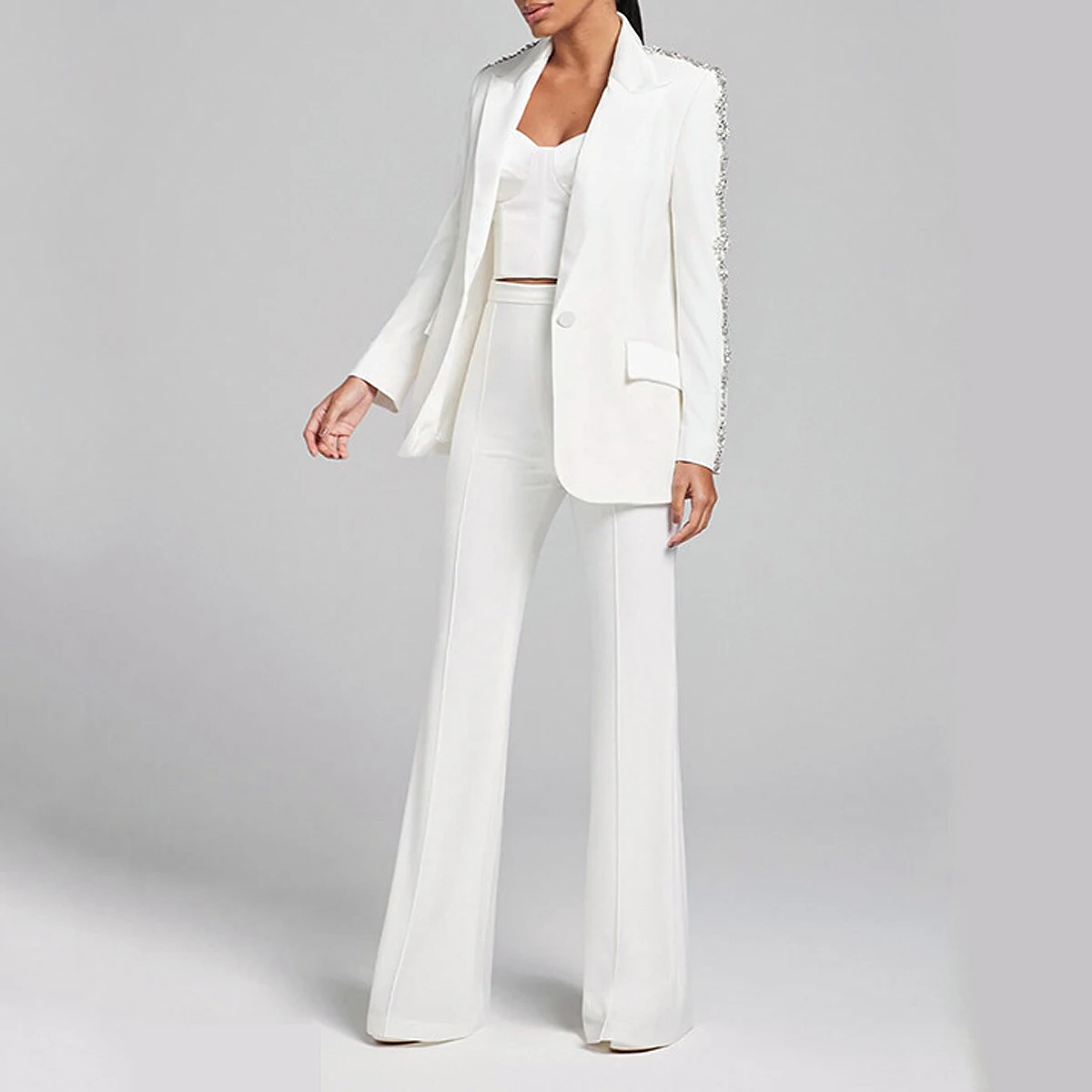 S-3XL באיכות גבוהה אופנה חדשה מוצק צבע צווארון פולו כתף שרוול ריינסטון קישוט המעיל קרן מכנסיים של נשים להגדיר