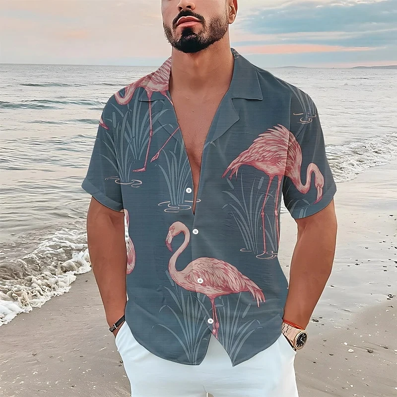 הוואי גברים חולצה אופנה דש שרוול קצר חולצות חופשה על החוף סגנון פלמינגו להדפיס חולצה עבור גברים מזדמנים גדול טי-שירט