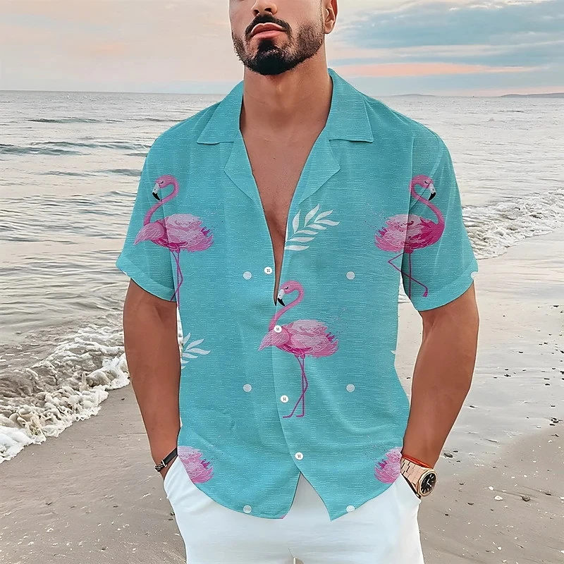 הוואי גברים חולצה אופנה דש שרוול קצר חולצות חופשה על החוף סגנון פלמינגו להדפיס חולצה עבור גברים מזדמנים גדול טי-שירט