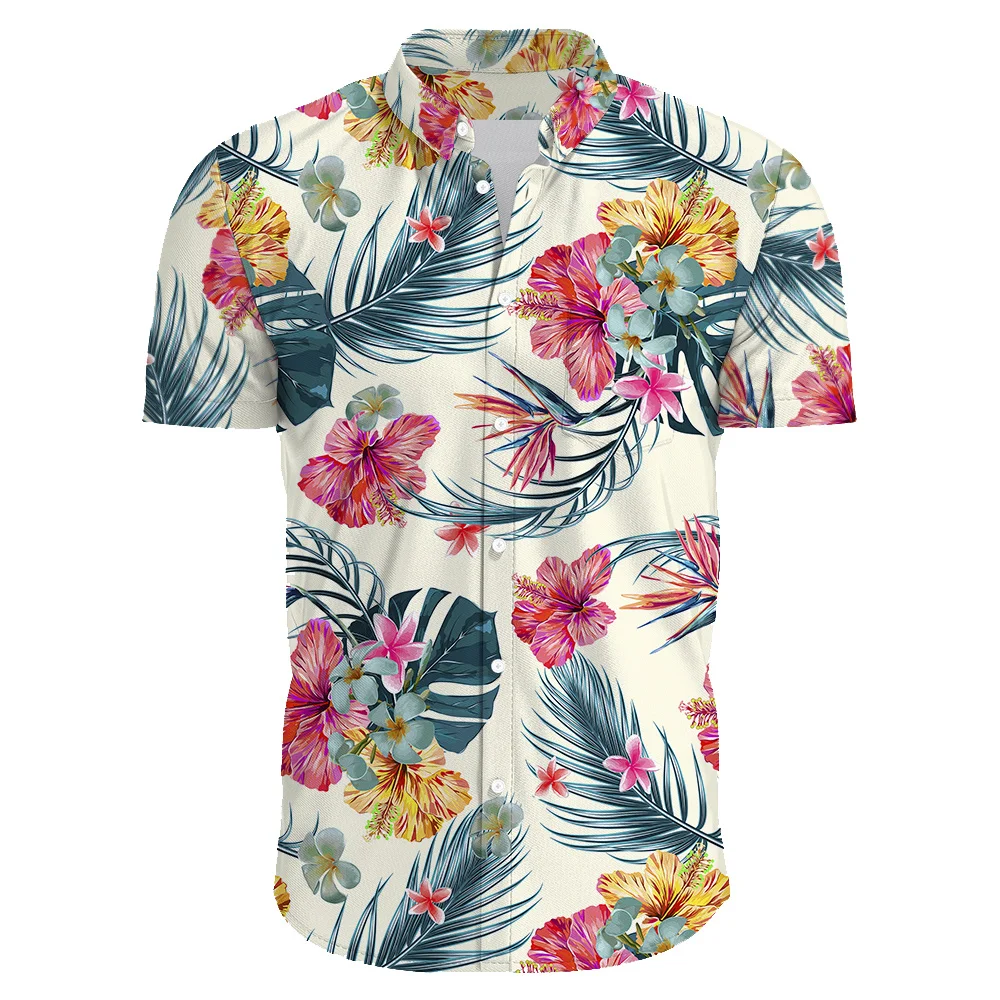 הקיץ חדש של גברים הוואי מזדמן פרחוני הדפסה שרוול קצר למעלה החולצה באיכות גבוהה דש מנופחים חופשה Beachwear אופנת רחוב
