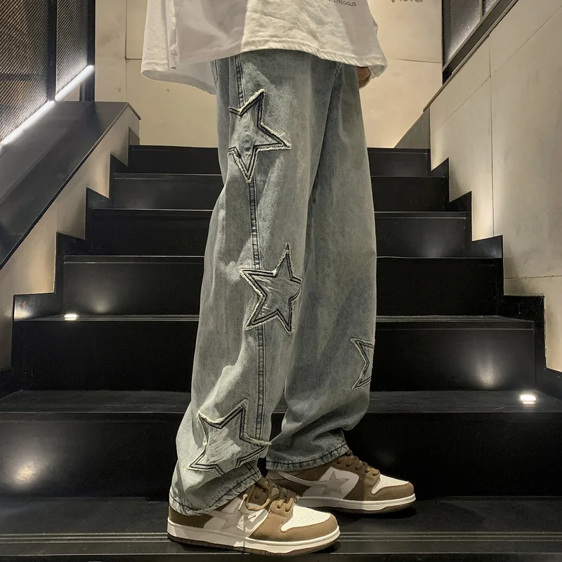 גברים אופנת רחוב מותג אופנה ג 'ינס באגי חופשי קומה ישר רחב הרגל מכנסי דגמ
