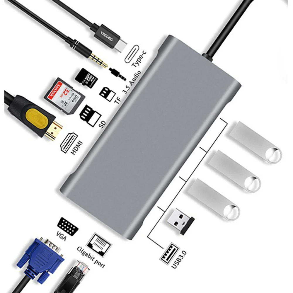 11 1 USBC רכזת 4K Type-C מתאם 4K HDMI-VGA תואם RJ45 SD/TF PC אביזרים מתאם מפצל