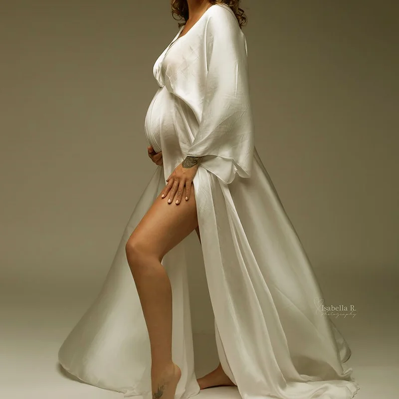הנשים צוואר V משי-כמו לידה צילום אביזרים פיצול ארוכות Maxi שמלות מקלחת תינוק הריון צילומי בגדי שמלת