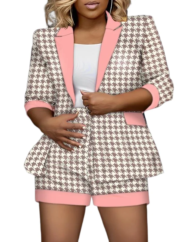אלגנטי תלבושות קיץ לנשים 2023 שני חלקים סט הלו הדפסה Colorblock בלייזר מעיל & קצרים להגדיר מזג יוממות