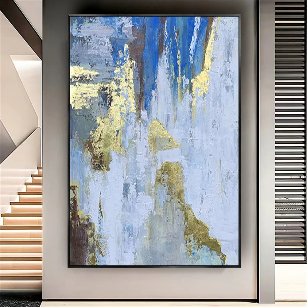 אופנה כחול וזהב אמנות קיר תמונות עבודת-יד מופשט ציור שמן על בד פוסטר בבית המודרני סלון עיצוב תערוכות