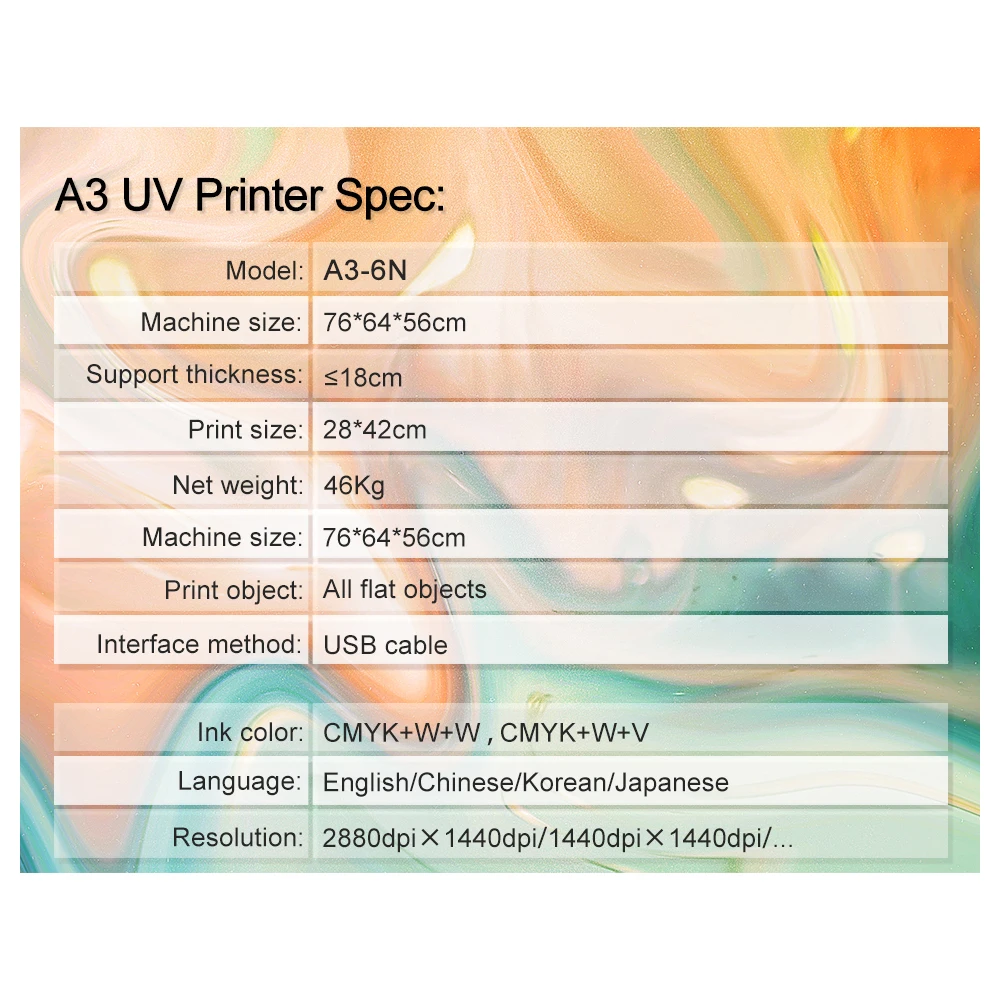 UV משטח מדפסת A3 משמש עבור טלפון נייד תיק/מתכת/אקריליק/זכוכית צבעונית הדפסה עם לכה השפעה