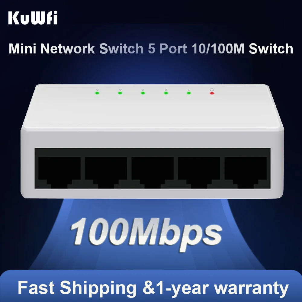 KuWFi Ethernet Switch 5 יציאות מתג רשת של שולחן העבודה RJ45 10/100Mbps מתאם Fast Ethernet ברוחב פס 1Gbps Auto MDI/MDIX
