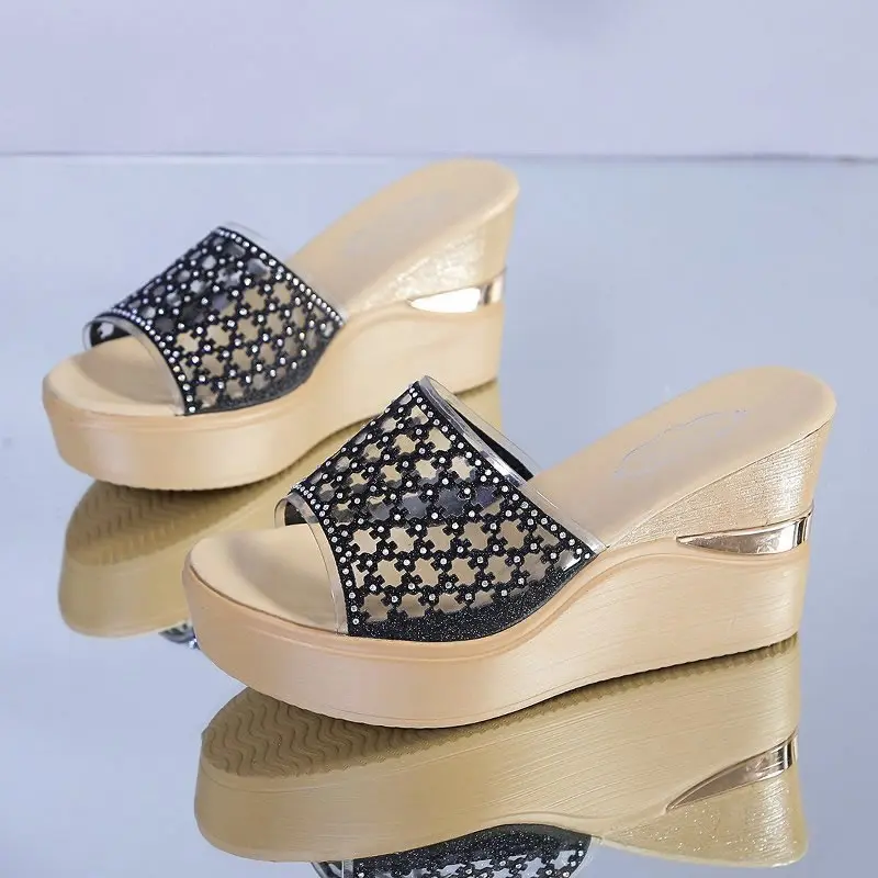 2023 קיץ נשים עקב גבוה סנדלים עבור Famele הקיץ הבוהן ציוץ תחרה רשת טריז עקבים סנדל נעלי נשים מקורה נעלי בית