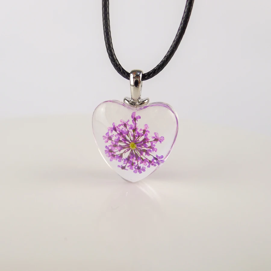 דוגמת פרחים מיובשים הלב האוהב תליוני זכוכית בעבודת יד שרשרת ארוכה לנשים אוהבי #FY415