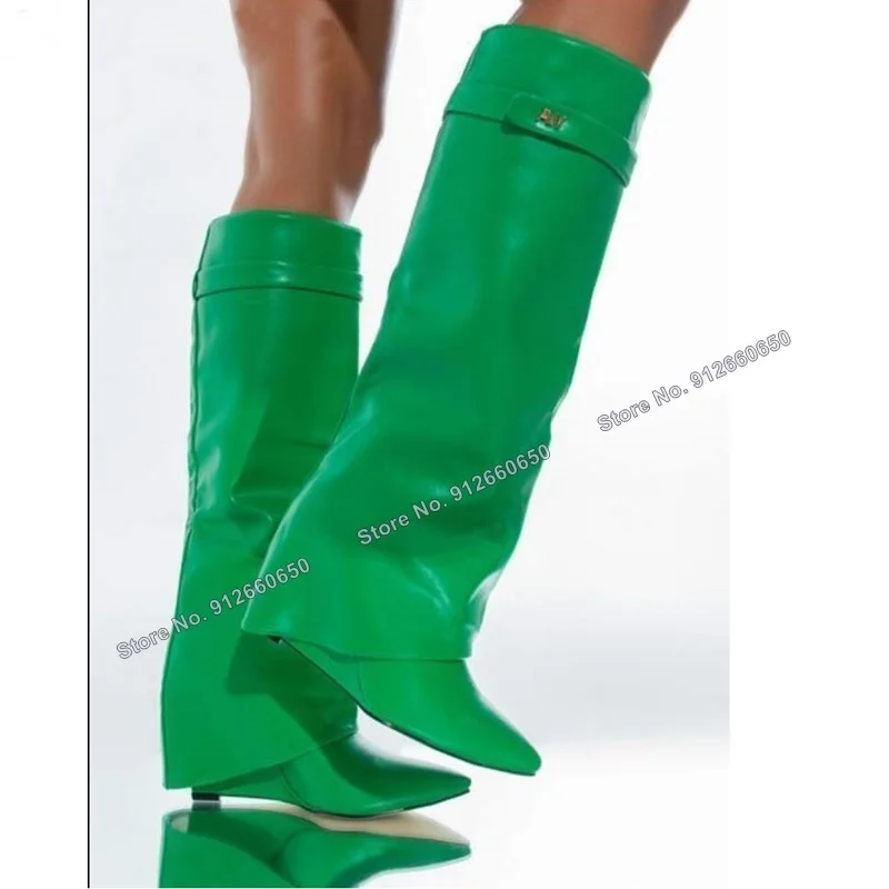 Abesire שחור טריזים עקב כריש מגפיים אבזם עיצוב גבוה הברך נעלי נשים מוצק ירוק חדש Botas אופנה המסלול נעליים על עקבים