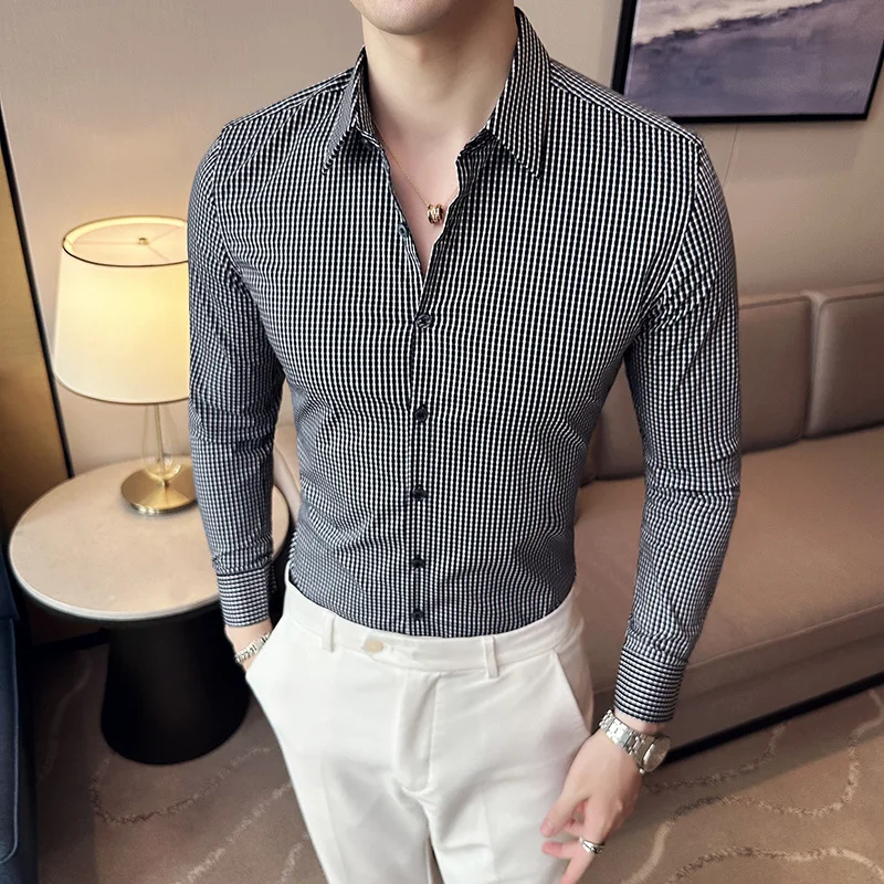 בנוסף מידה 4XL-מ קיץ דק שרוול ארוך חולצות משובצות, חולצות לגברים ביגוד 2023 עסקים ללבוש רשמי Slim Fit חליפת טוקסידו מזדמן חולצות