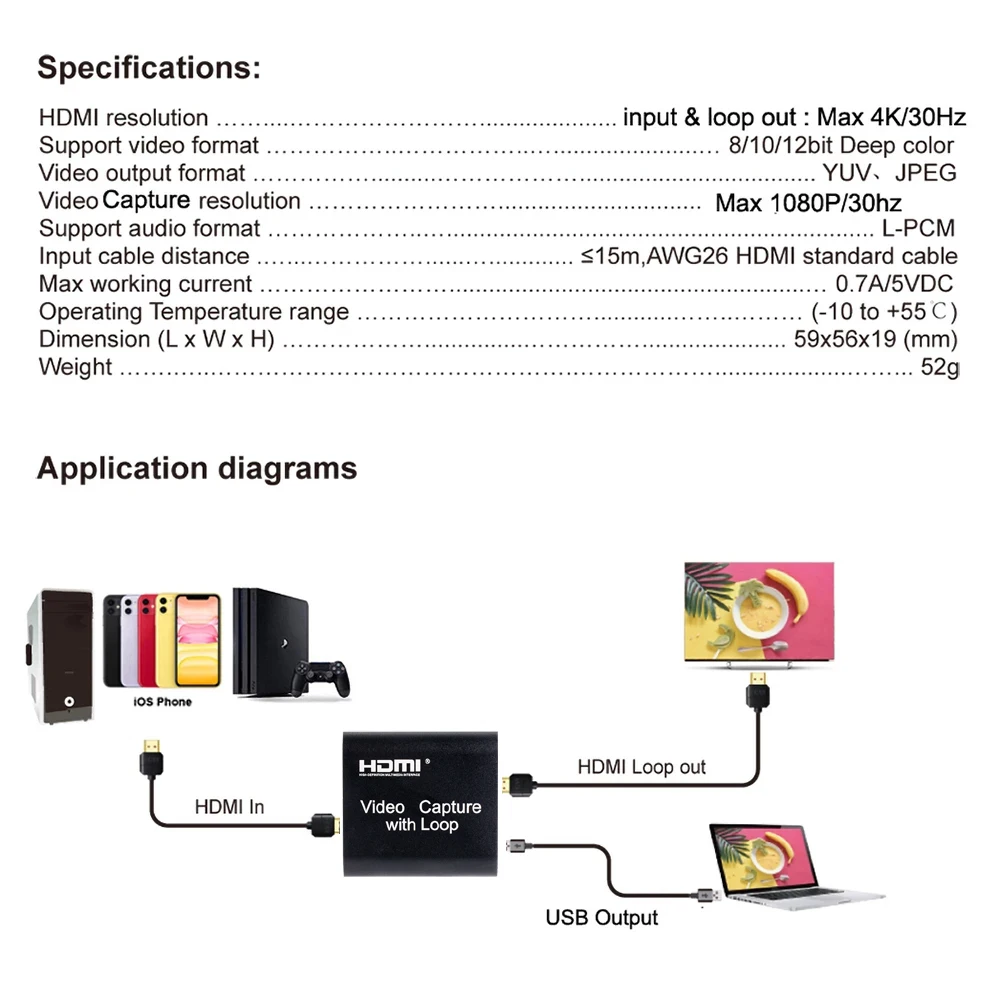 4K HDMI כרטיס לכידת וידאו 1080p לוח המשחק ללכוד את כרטיס USB 2.0 מקליט תיבת מכשיר וידאו בשידור חי הקלטת לולאה החוצה