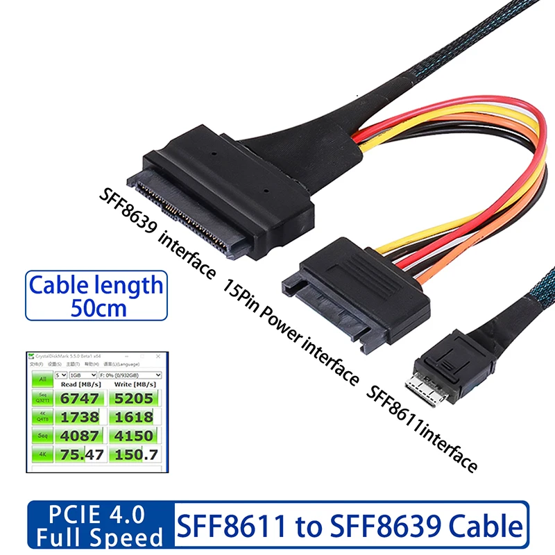 MiniSAS Oculink 4.0 SFF-8611 4i 42Pin כדי SFF-8639 U. 2 כבלים 8611 כדי 8639 עם SATA אספקת החשמל תמיכה 2.5