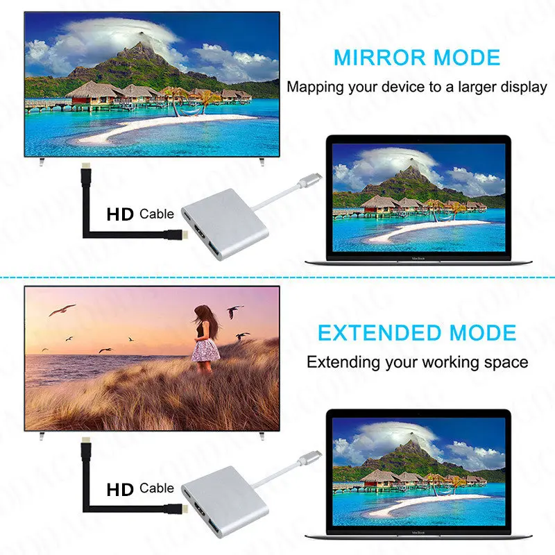 3 ב-1 USB-C רכזת USB זכר ונקבה HDMI תואם-4K ה-USB 3.1 Type-c ל-USB 3.0 טעינה מתאם עבור ה-Macbook Air 12 ממיר