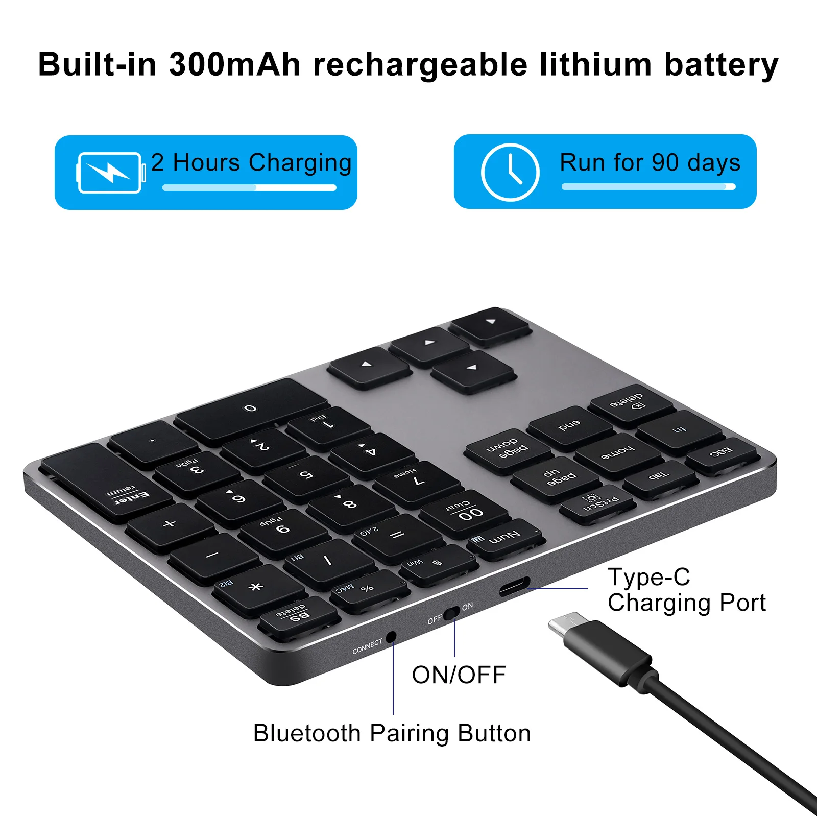 Bluetooth& 2.4 Ghz 2in1, עם לוח מקשים נומרי עם סוללה נטענת 300mAh, Wireless מספר מקלדת Dual-mode אלומיניום USB בלוח מקשי המספרים